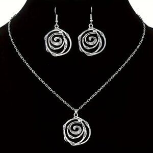 Vintage Retro Ethnic Round Disc Necklace & Earring Set - Silver Electro-Plated